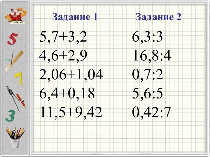 Задание 1 Задание 2 5,7+3,2 4,6+2,9 2,06+1,04 6,4+0,18 11,5+9,42 6,3:3 16,8:4 0,7:2 5,6:5 0,42:7