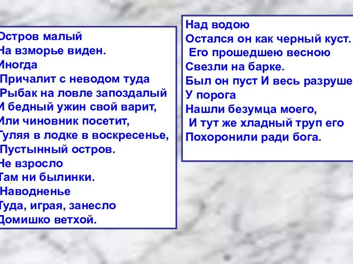 Остров малый На взморье виден. Иногда Причалит с неводом туда