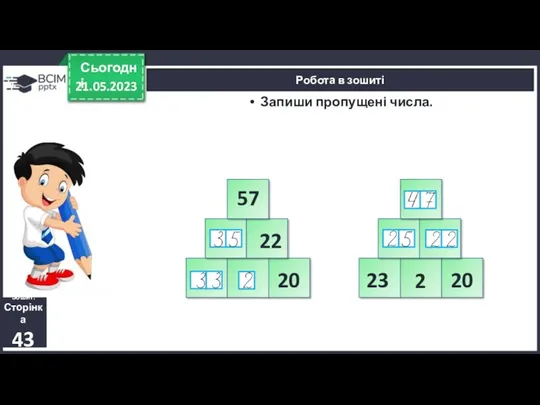 21.05.2023 Сьогодні Робота в зошиті Зошит. Сторінка 43 57 2