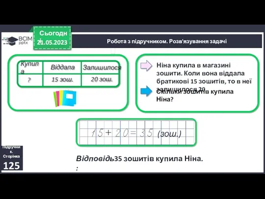 21.05.2023 Сьогодні Ніна купила в магазині зошити. Коли вона віддала