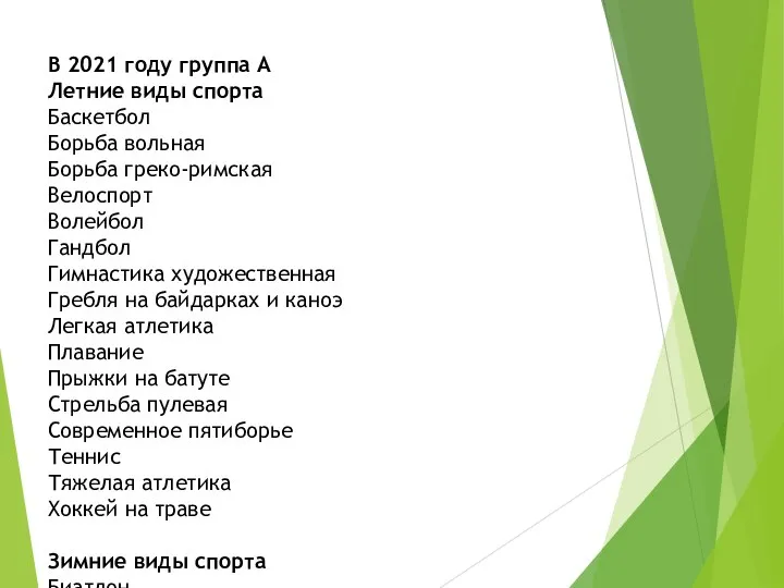 В 2021 году группа А Летние виды спорта Баскетбол Борьба