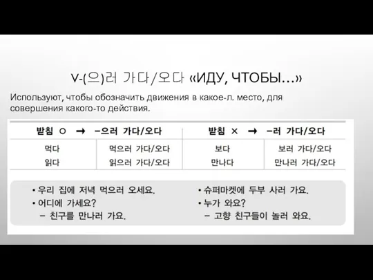 V-(으)러 가다/오다 «ИДУ, ЧТОБЫ…» Используют, чтобы обозначить движения в какое-л. место, для совершения какого-то действия.