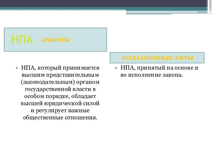 НПА ЗАКОНЫ ПОДЗАКОННЫЕ АКТЫ НПА, который принимается высшим представительным (законодательным)