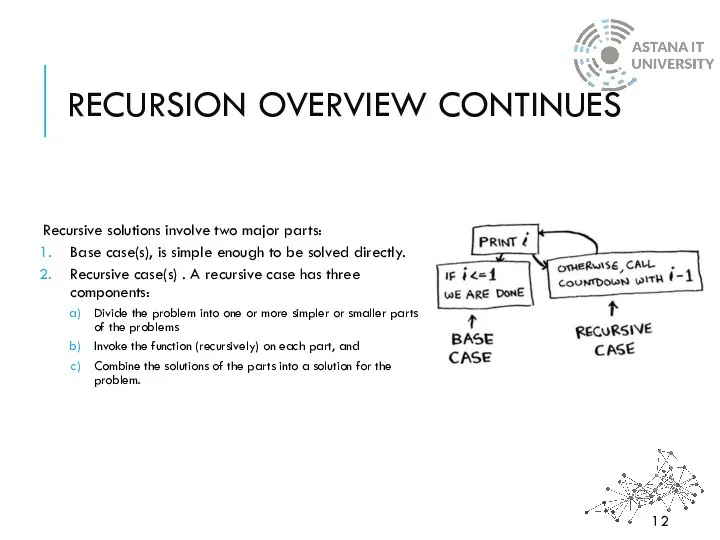 RECURSION OVERVIEW CONTINUES Recursive solutions involve two major parts: Base