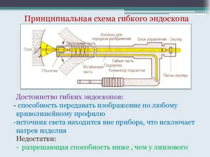 Принципиальная схема гибкого эндоскопа Достоинство гибких эндоскопов: способность передавать изображение