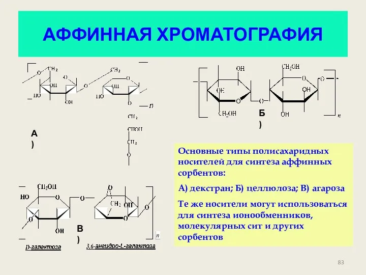 АФФИННАЯ ХРОМАТОГРАФИЯ А) Б) В) Основные типы полисахаридных носителей для