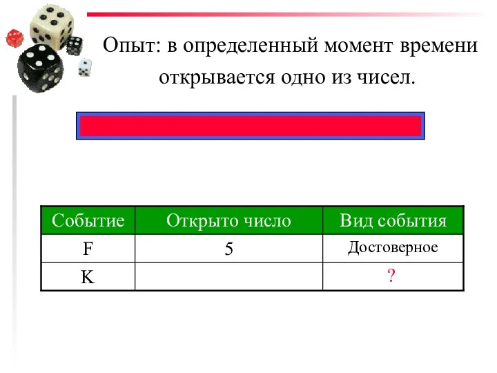 Опыт: в определенный момент времени открывается одно из чисел. ?