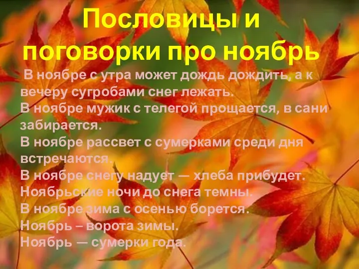 Пословицы и поговорки про ноябрь В ноябре с утра может