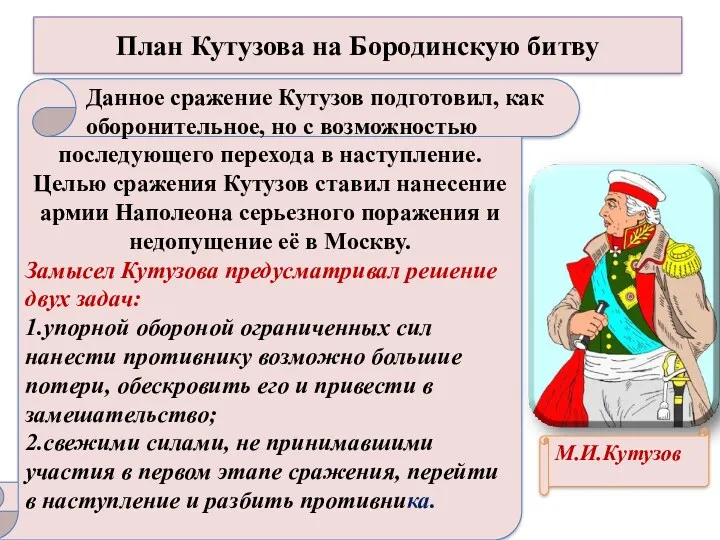 План Кутузова на Бородинскую битву последующего перехода в наступление. Целью