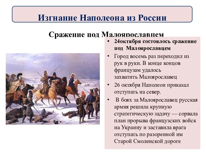 Сражение под Малоярославцем 24октября состоялось сражение под Малоярославцем Город восемь