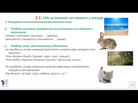 2.1. Обследование активного словаря 2. Владение синтагматическими связями слов. Подбор