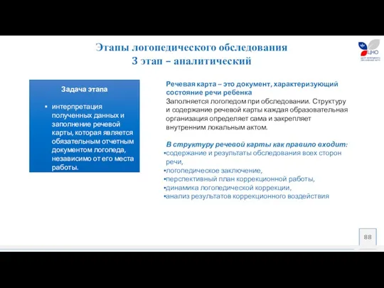 Задача этапа интерпретация полученных данных и заполнение речевой карты, которая