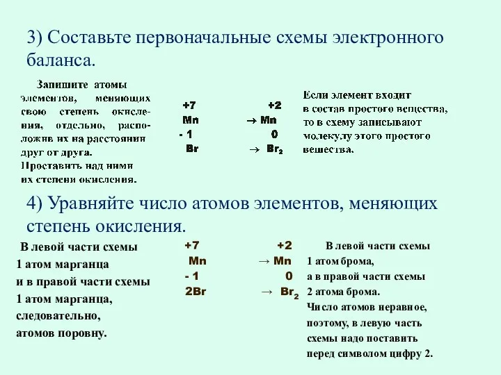 3) Составьте первоначальные схемы электронного баланса. 4) Уравняйте число атомов элементов, меняющих степень окисления.