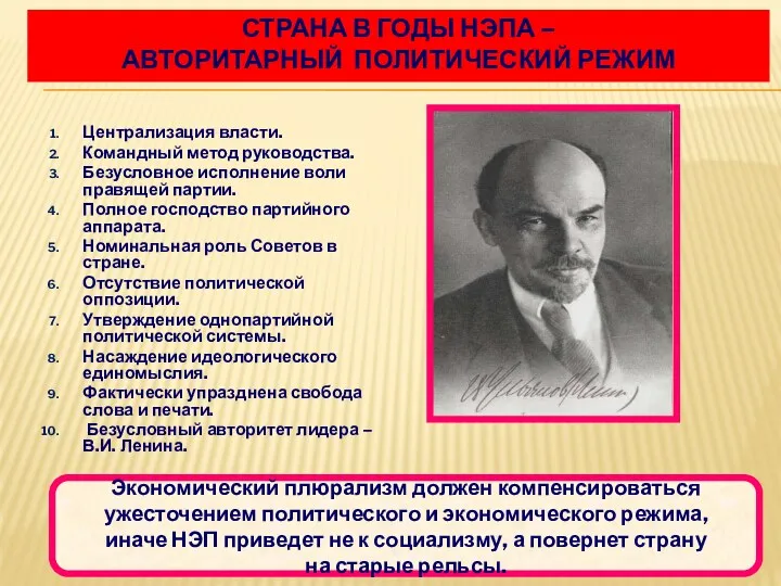 СТРАНА В ГОДЫ НЭПА – АВТОРИТАРНЫЙ ПОЛИТИЧЕСКИЙ РЕЖИМ Централизация власти.