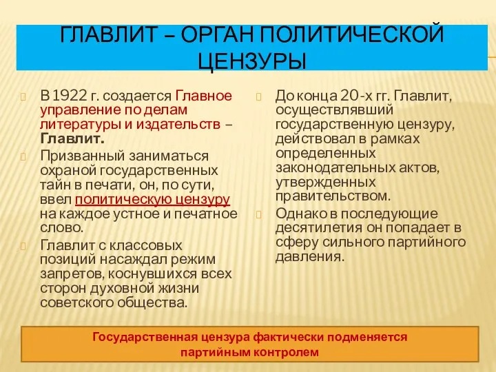 ГЛАВЛИТ – ОРГАН ПОЛИТИЧЕСКОЙ ЦЕНЗУРЫ В 1922 г. создается Главное