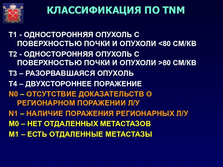 Т1 - ОДНОСТОРОННЯЯ ОПУХОЛЬ С ПОВЕРХНОСТЬЮ ПОЧКИ И ОПУХОЛИ Т2