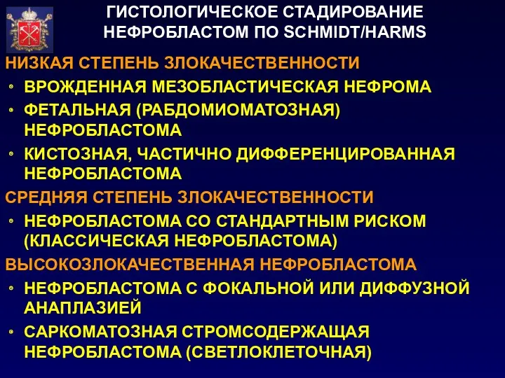 ГИСТОЛОГИЧЕСКОЕ СТАДИРОВАНИЕ НЕФРОБЛАСТОМ ПО SCHMIDT/HARMS НИЗКАЯ СТЕПЕНЬ ЗЛОКАЧЕСТВЕННОСТИ ВРОЖДЕННАЯ МЕЗОБЛАСТИЧЕСКАЯ