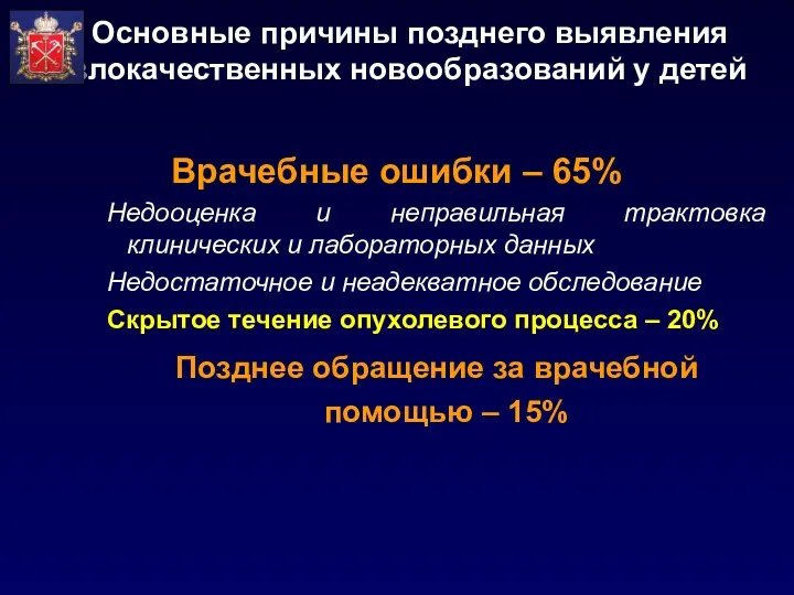 Основные причины позднего выявления злокачественных новообразований у детей Врачебные ошибки