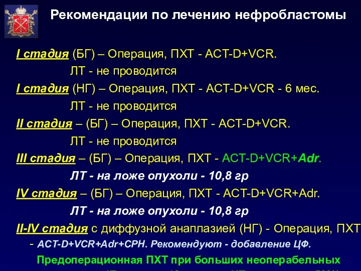 Рекомендации по лечению нефробластомы I стадия (БГ) – Операция, ПХТ