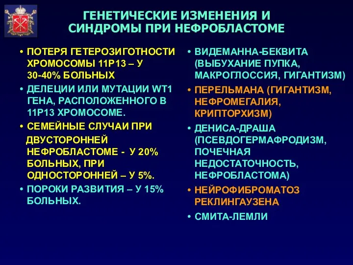 ПОТЕРЯ ГЕТЕРОЗИГОТНОСТИ ХРОМОСОМЫ 11Р13 – У 30-40% БОЛЬНЫХ ДЕЛЕЦИИ ИЛИ