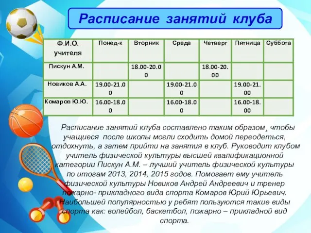 Расписание занятий клуба Расписание занятий клуба составлено таким образом¸ чтобы