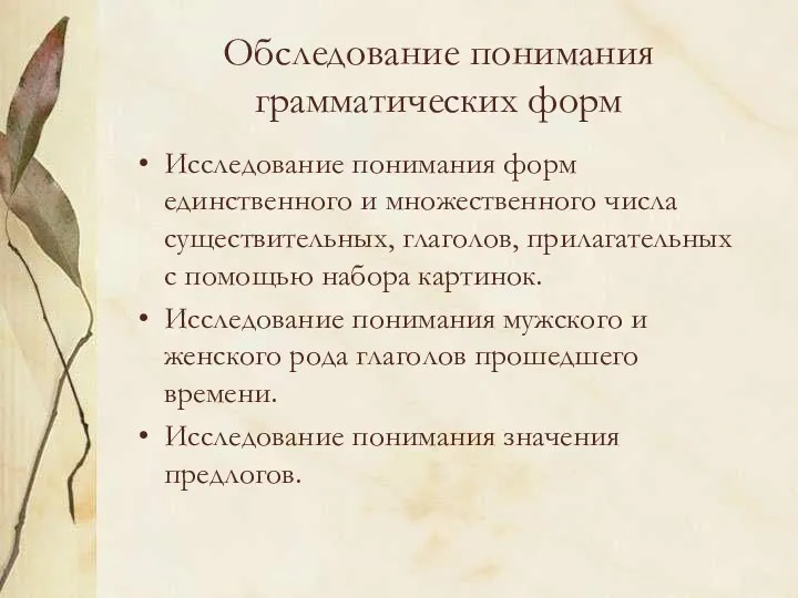 Обследование понимания грамматических форм Исследование понимания форм единственного и множественного