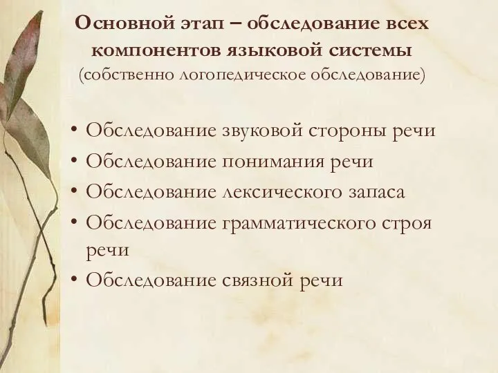 Основной этап – обследование всех компонентов языковой системы (собственно логопедическое