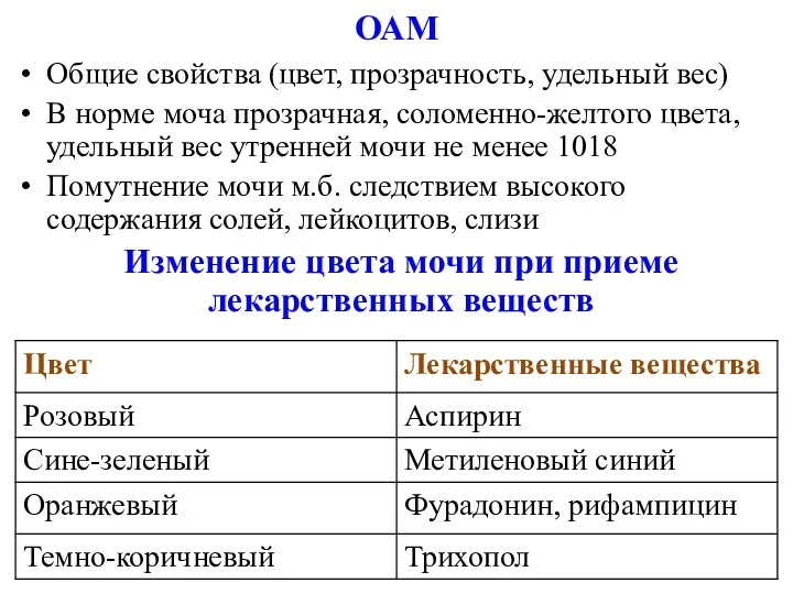 ОАМ Общие свойства (цвет, прозрачность, удельный вес) В норме моча