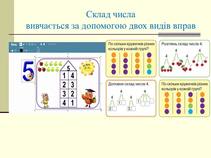 Склад числа вивчається за допомогою двох видів вправ