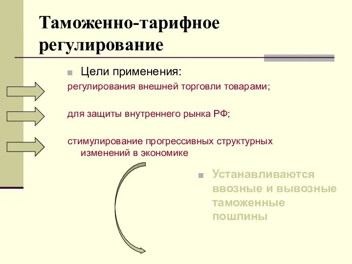 Таможенно-тарифное регулирование Цели применения: регулирования внешней торговли товарами; для защиты