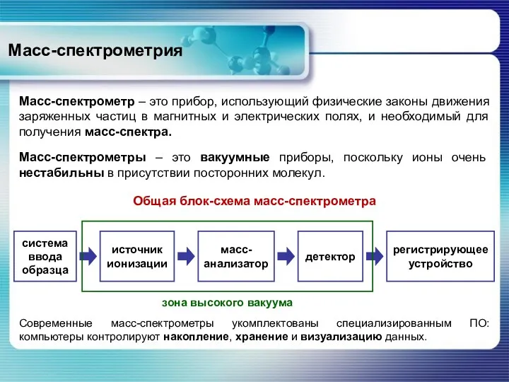 Масс-спектрометрия Масс-спектрометр – это прибор, использующий физические законы движения заряженных