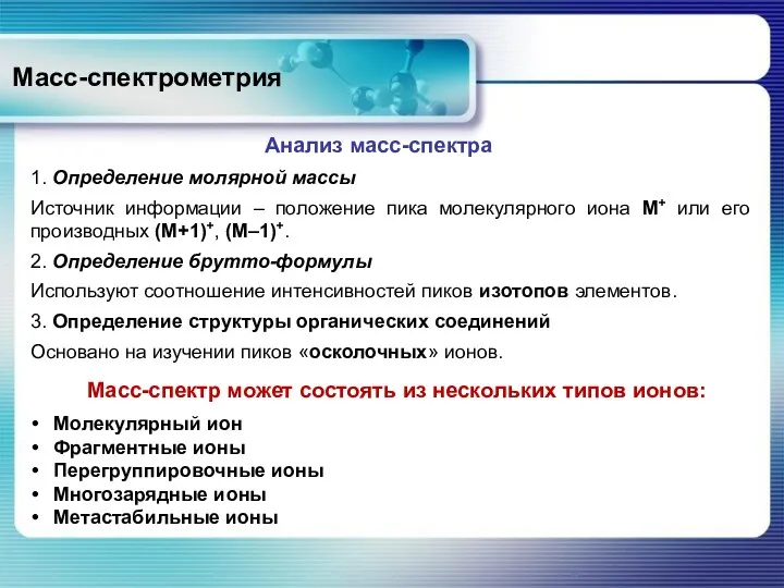 Масс-спектрометрия Масс-спектр может состоять из нескольких типов ионов: Молекулярный ион