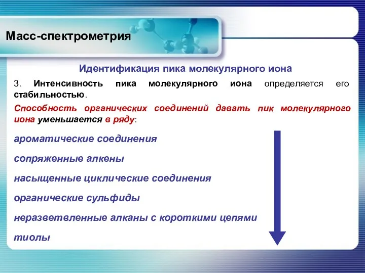 Масс-спектрометрия 3. Интенсивность пика молекулярного иона определяется его стабильностью. Способность