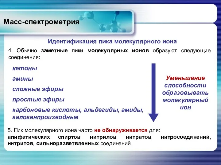 Масс-спектрометрия 4. Обычно заметные пики молекулярных ионов образуют следующие соединения: