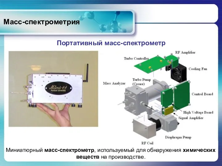 Масс-спектрометрия Портативный масс-спектрометр Миниатюрный масс-спектрометр, используемый для обнаружения химических веществ на производстве.