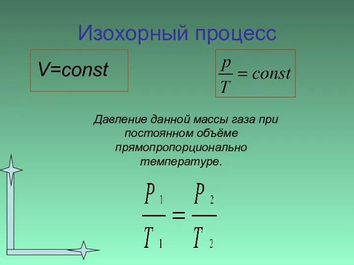 Изохорный процесс Давление данной массы газа при постоянном объёме прямопропорционально температуре. V=const