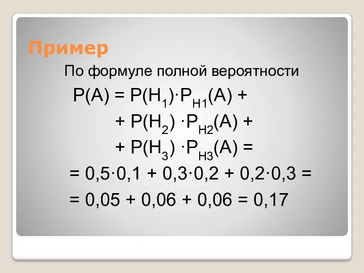 Пример По формуле полной вероятности Р(А) = Р(Н1)·PН1(А) + + Р(Н2) ·PН2(А) +
