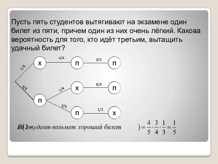 Пусть пять студентов вытягивают на экзамене один билет из пяти, причем один из
