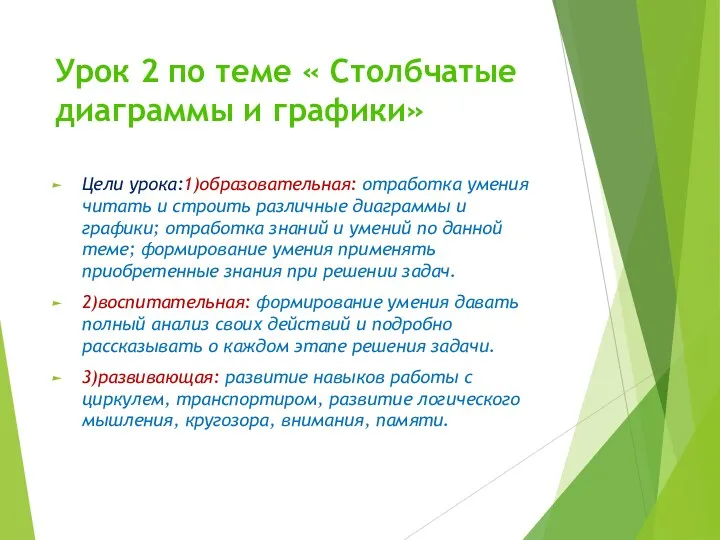 Урок 2 по теме « Столбчатые диаграммы и графики» Цели