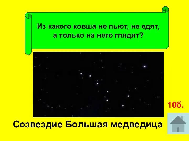 Из какого ковша не пьют, не едят, а только на него глядят? Созвездие Большая медведица 10б.