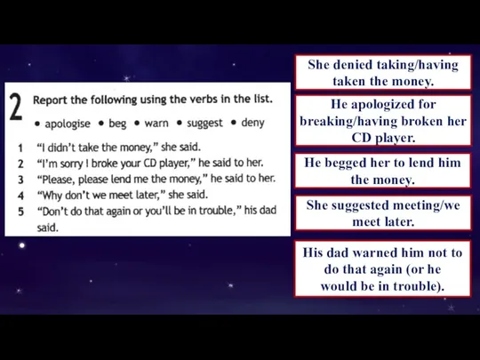 She denied taking/having taken the money. He apologized for breaking/having