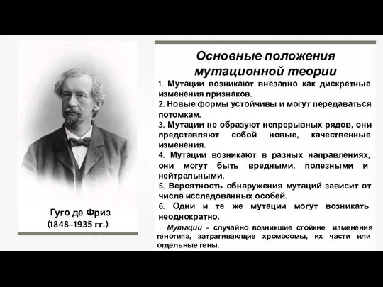 Основные положения мутационной теории 1. Мутации возникают внезапно как дискретные