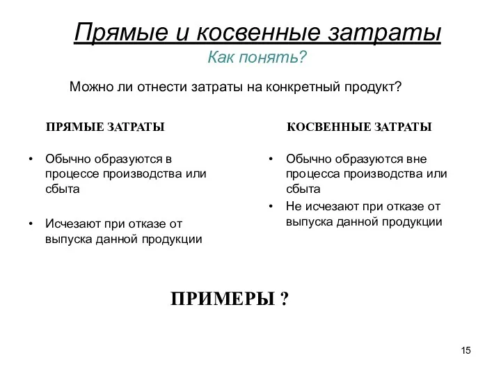 Прямые и косвенные затраты Как понять? Обычно образуются в процессе