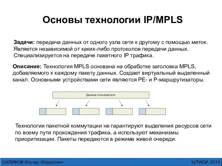 Основы технологии IP/MPLS Задачи: передача данных от одного узла сети