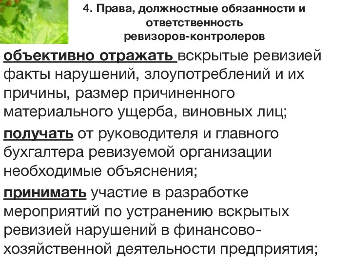 4. Права, должностные обязанности и ответственность ревизоров-контролеров объективно отражать вскрытые