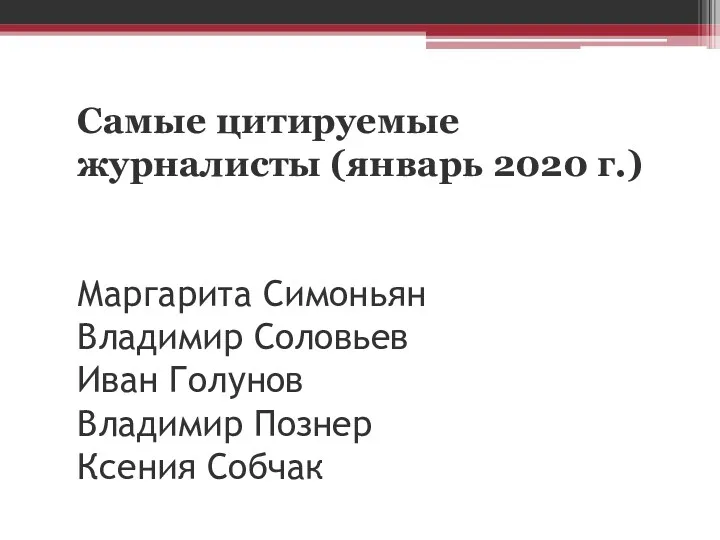 Самые цитируемые журналисты (январь 2020 г.) Маргарита Симоньян Владимир Соловьев Иван Голунов Владимир Познер Ксения Собчак