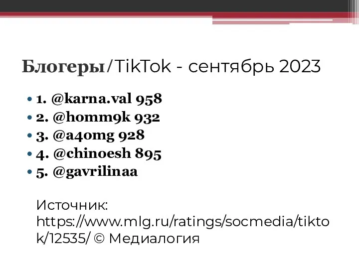 Блогеры/TikTok - сентябрь 2023 1. @karna.val 958 2. @homm9k 932