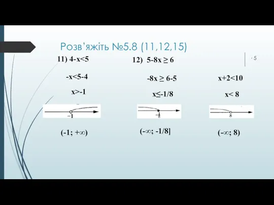 Розв’яжіть №5.8 (11,12,15) ∙ 5 11) 4-х -х х>-1 (-1;