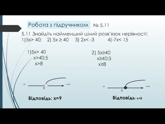 № 5.11 5.11 Знайдіть найменший цілий розв’язок нерівності: 1)5х> 40;