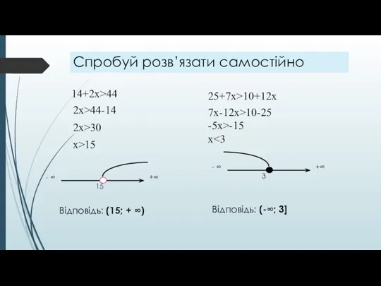 Спробуй розв’язати самостійно 2x>44-14 2x>30 х>15 Відповідь: (15; + ∞)